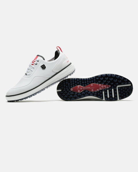 Product image of the White Ghost Golf Reaper golf shoes, with one shoe resting on its side to display the outsole and the other showing the left-side profile with its heel placed on top of the first shoe. #color_white