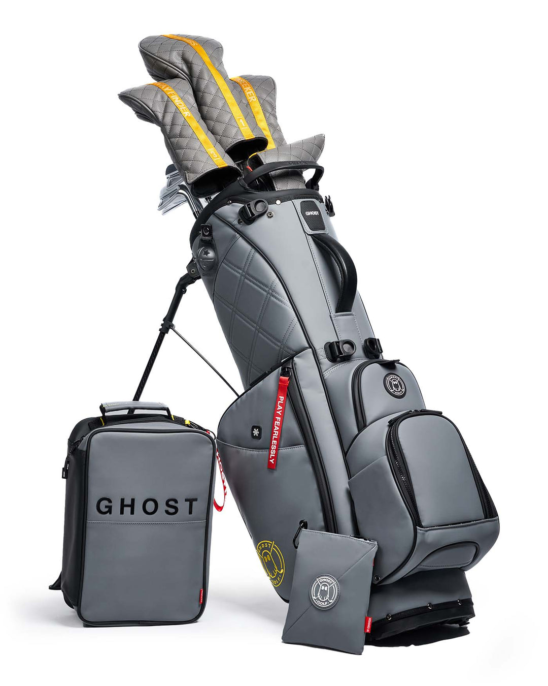 Ghost Golf Maverick Grey Leather Golf Bag with Yellow Logo Stitch and Red Tags and Golf Clubs with Grey Head Covers and Grey SHow Bag and Pouch