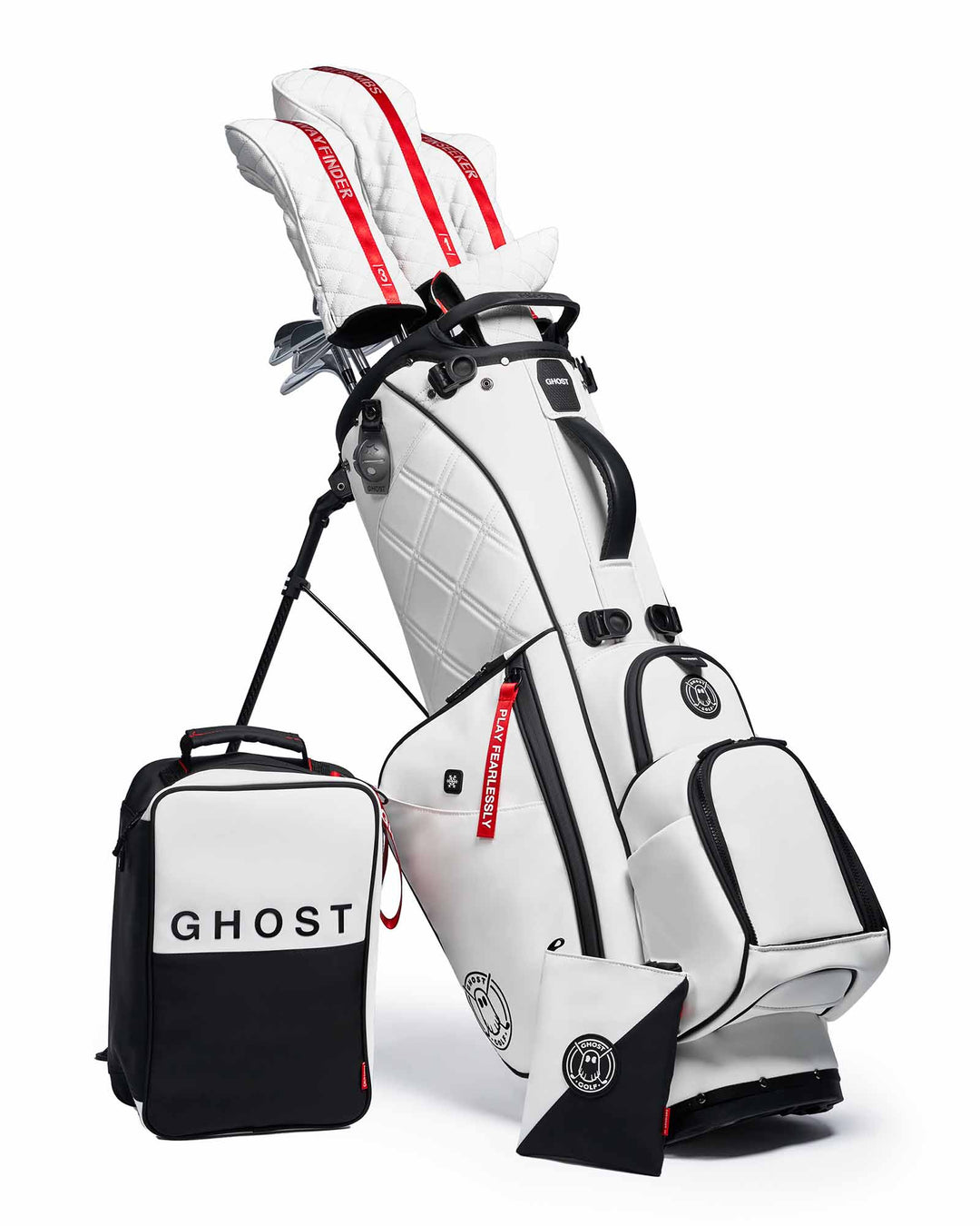 SAYA White Leather Golf Bag with Red Tags. Golf Clubs with White and Red Stripe Head Covers.  Black and White Shoe Bag and Pouch