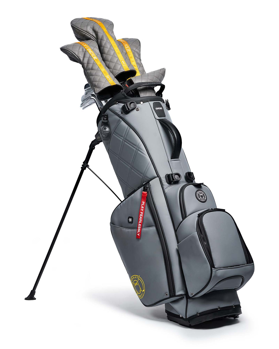Ghost Golf Maverick Grey Leather Golf Bag with Yellow Logo Stitch and Red Tags and Golf Clubs with Grey Head Covers