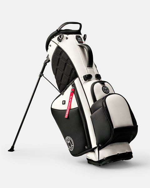 GHOSTGOLF Anyday Oreo golf bag in black and white, standing on its integrated leg stand
