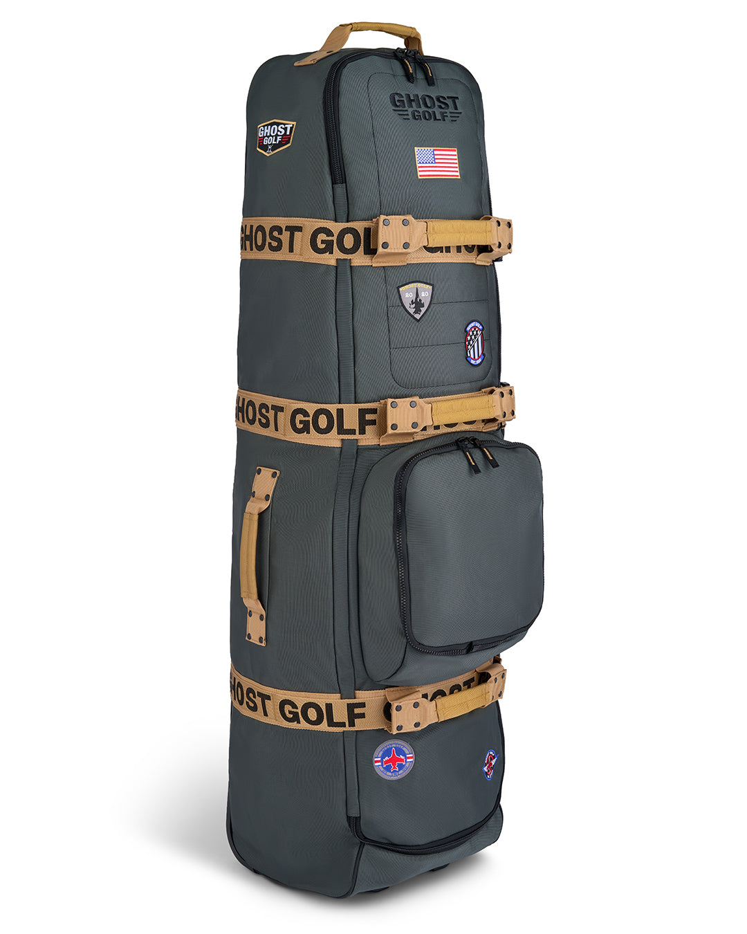 Three-quarter view of the G-Suit Primary AWOL Travel Bag showcasing Ghost Golf embroidery across the top panel, an embroidered USA flag detail, and custom military aviation-inspired patches throughout the bag. Angled product image highlighting the premium construction, travel-ready functionality, patriotic accents, unique badge details, and signature Ghost Golf craftsmanship. #color_green