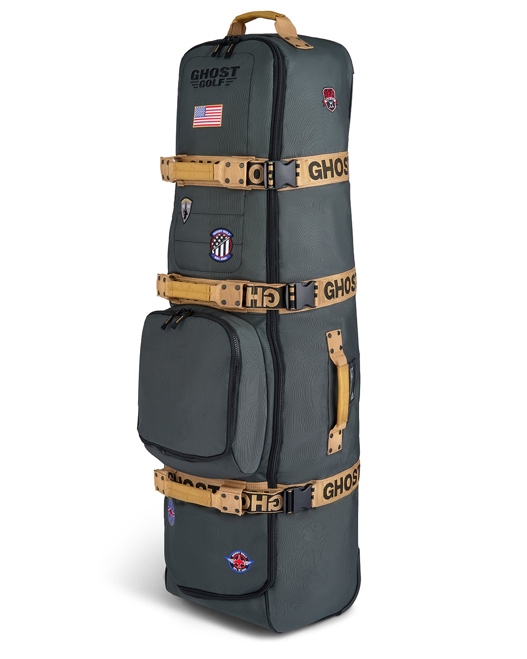 Three-quarter view of the G-Suit Primary AWOL Travel Bag showcasing Ghost Golf embroidery across the top panel, an embroidered USA flag detail, and custom military aviation-inspired patches throughout the bag. Angled product image highlighting the premium construction, travel-ready functionality, patriotic accents, unique badge details, and signature Ghost Golf craftsmanship. #color_green