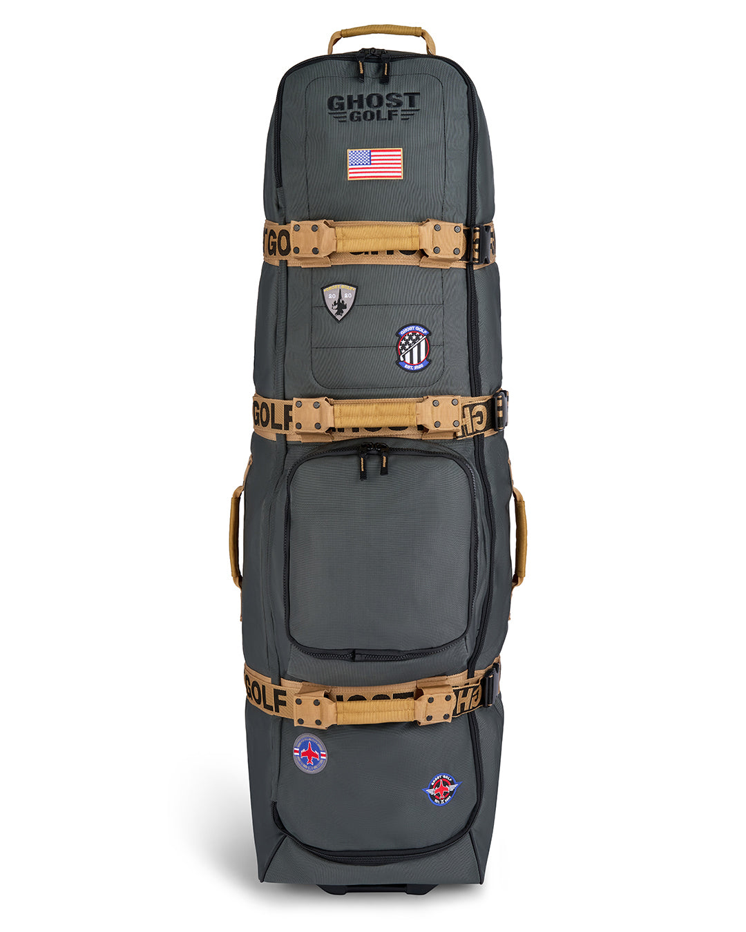 Front product shot of the G-Suit Primary AWOL Travel Bag showcasing Ghost Golf embroidery across the top panel, an embroidered USA flag detail, and custom military aviation-inspired patches throughout the exterior. Front-facing image highlighting the bag’s premium construction, spacious travel-ready design, patriotic accents, unique badge details, and signature Ghost Golf craftsmanship. #color_green