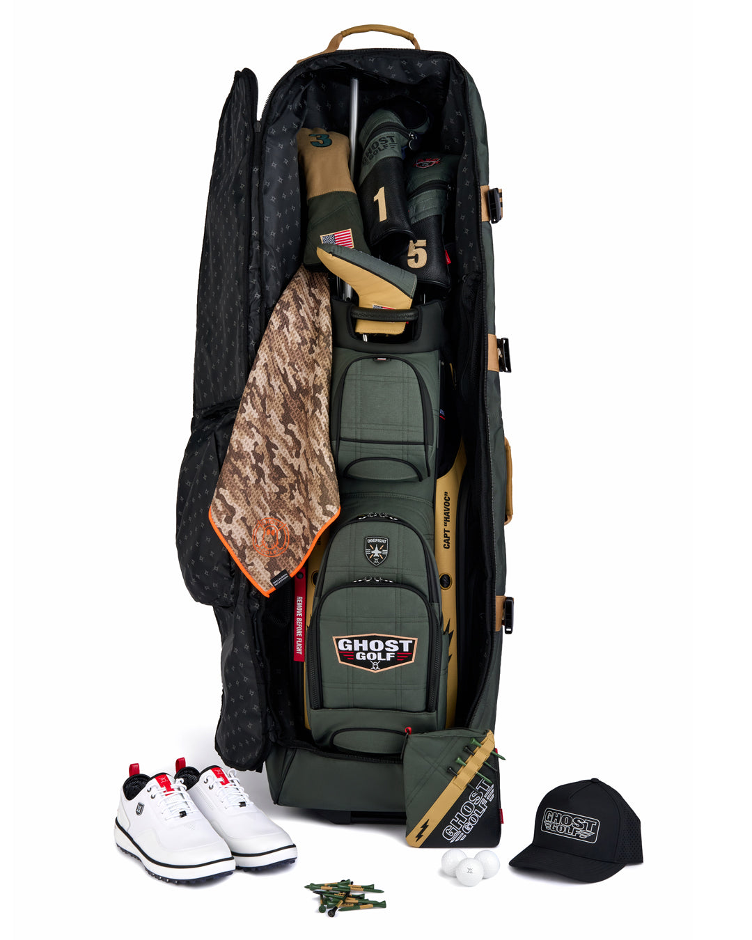 Front product shot of the G-Suit Primary AWOL Travel Bag showcasing a G-Suit golf bag and golf accessories stored inside. Clean front-facing image highlighting the spacious storage capacity, premium travel-ready design, and signature Ghost Golf craftsmanship. #color_green