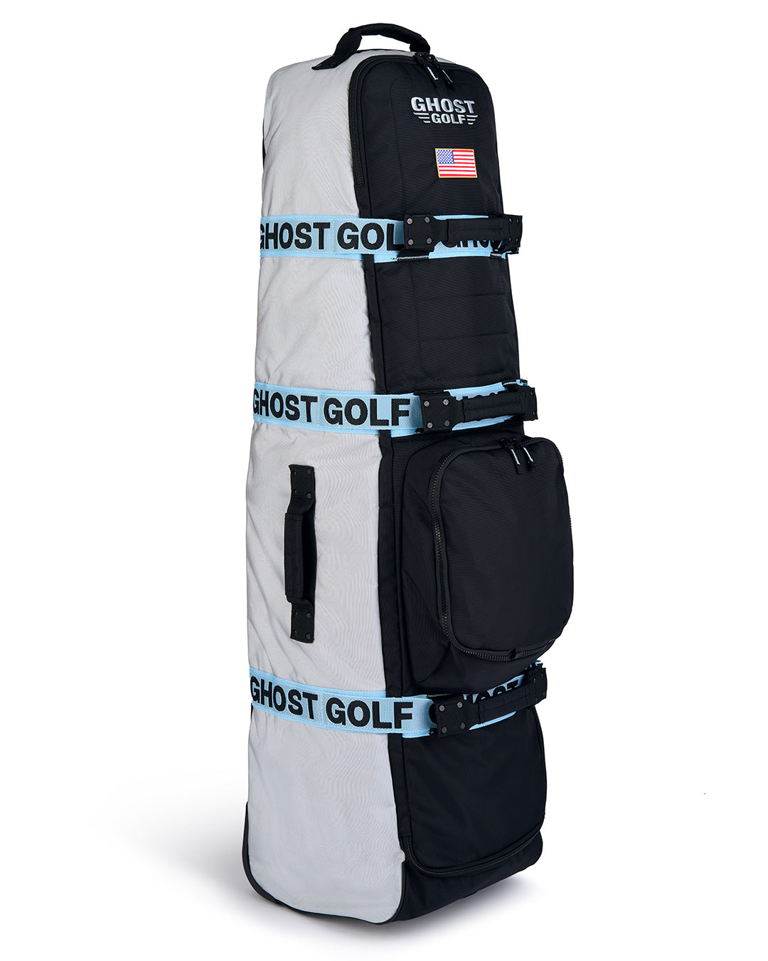 Three-quarter view of the Striker Primary AWOL Travel Bag showcasing Ghost Golf embroidery across the top panel and an embroidered USA flag detail. Angled product image highlighting the bag’s premium construction, travel-ready design, patriotic accents, and signature Ghost Golf craftsmanship. #color_grey