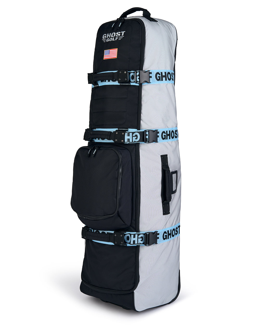 Three-quarter view of the Striker Primary AWOL Travel Bag showcasing Ghost Golf embroidery across the top panel and an embroidered USA flag detail. Angled product image highlighting the bag’s premium construction, travel-ready design, patriotic accents, and signature Ghost Golf craftsmanship. #color_grey