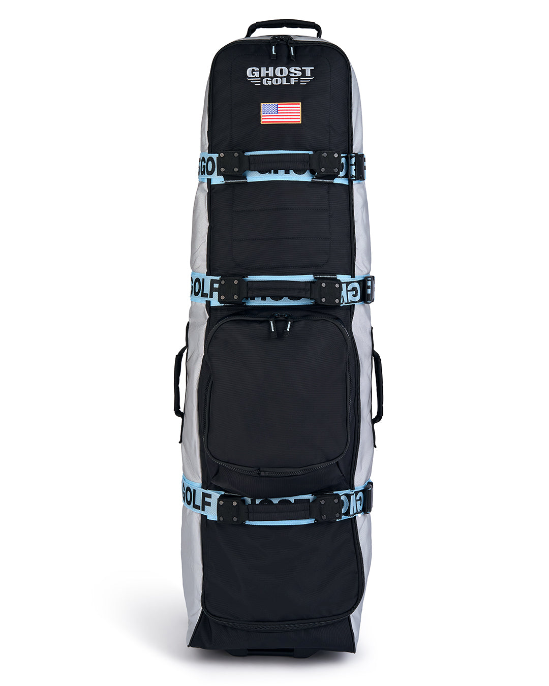 Front Product Shot view of the Striker Primary AWOL Travel Bag showcasing Ghost Golf embroidery across the top panel and an embroidered USA flag detail. Product image highlighting the bag’s premium construction, travel-ready design, patriotic accents, and signature Ghost Golf craftsmanship. #color_grey