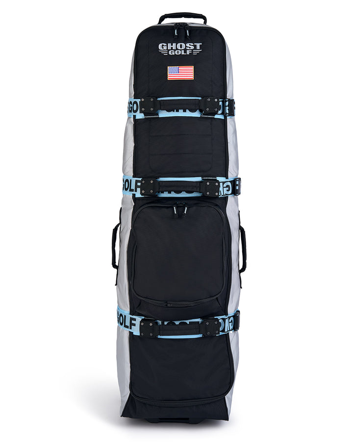 Front Product Shot view of the Striker Primary AWOL Travel Bag showcasing Ghost Golf embroidery across the top panel and an embroidered USA flag detail. Product image highlighting the bag’s premium construction, travel-ready design, patriotic accents, and signature Ghost Golf craftsmanship. #color_grey