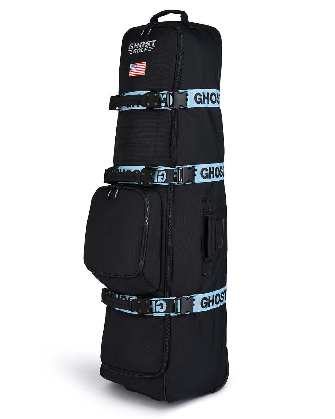 Three-quarter view of the Striker Secondary AWOL Travel Bag showcasing Ghost Golf embroidery across the top panel and an embroidered USA flag detail. Angled product image highlighting the bag’s premium construction, travel-ready design, patriotic accents, and signature Ghost Golf craftsmanship. #color_black