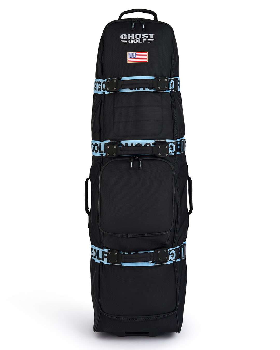 Front Product Shot view of the Striker Secondary AWOL Travel Bag showcasing Ghost Golf embroidery across the top panel and an embroidered USA flag detail. Product image highlighting the bag’s premium construction, travel-ready design, patriotic accents, and signature Ghost Golf craftsmanship. #color_black