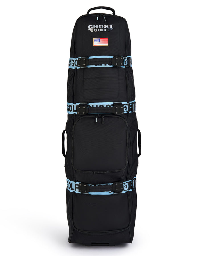 Front Product Shot view of the Striker Secondary AWOL Travel Bag showcasing Ghost Golf embroidery across the top panel and an embroidered USA flag detail. Product image highlighting the bag’s premium construction, travel-ready design, patriotic accents, and signature Ghost Golf craftsmanship. #color_black