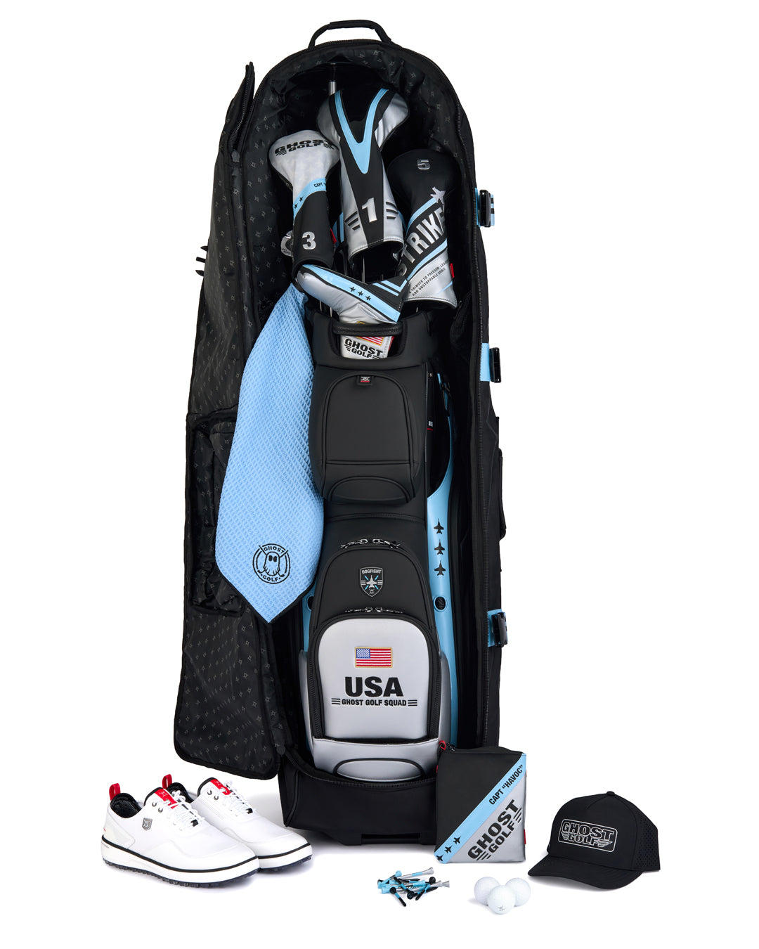 Front product shot of the Striker Secondary AWOL Travel Bag showcasing a Striker golf bag and golf accessories stored inside. Clean front-facing image highlighting the spacious storage capacity, premium travel-ready design, and signature Ghost Golf craftsmanship. #color_black