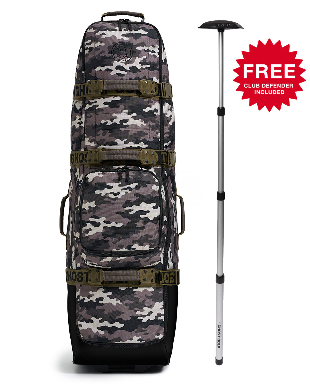 Front View Product Photo of Camo AWOL Travel Bag with Club Defender call out #color_camo