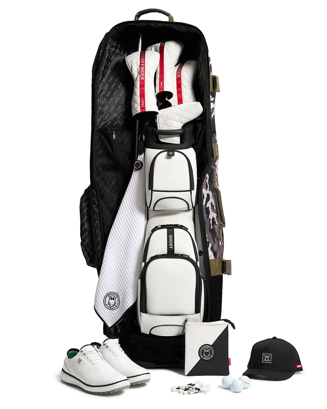 Open View of Camo AWOL Travel Bag showcasing golf bag, golf accessories, golf shoes in white #color_camo
