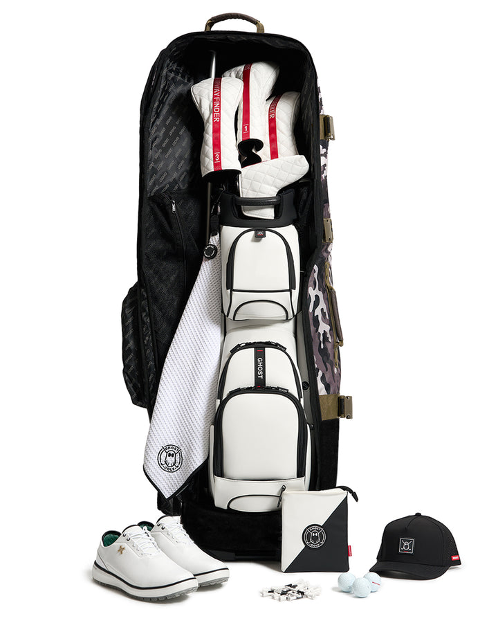 Open View of Camo AWOL Travel Bag showcasing golf bag, golf accessories, golf shoes in white #color_camo