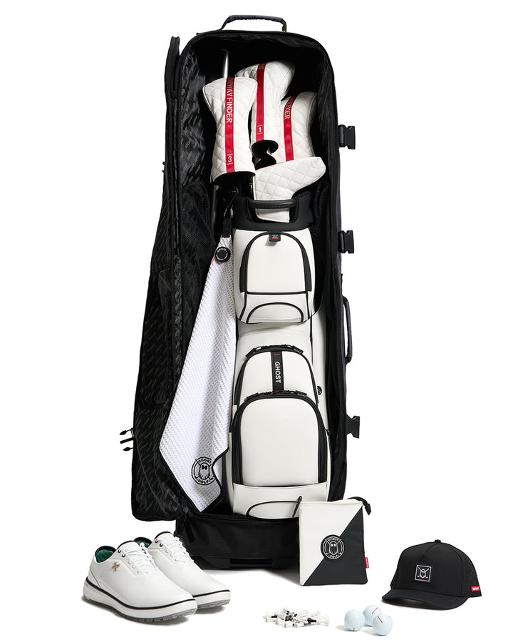 Open View of Grey AWOL Travel Bag showcasing golf bag, golf accessories, golf shoes in white #color_grey