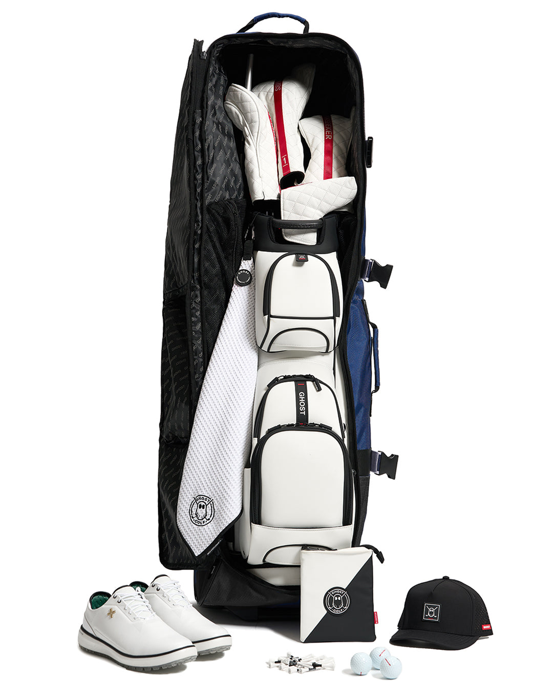 Open View of Navy AWOL Travel Bag showcasing golf bag, golf accessories, golf shoes in white #color_navy