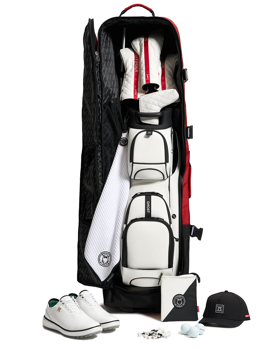 Open View of Red AWOL Travel Bag showcasing golf bag, golf accessories, golf shoes in white #color_red