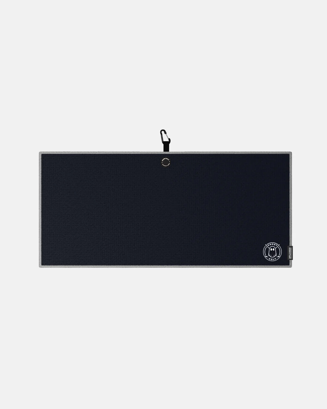 Product shot of Black Ghost Golf Magnetic Caddie Towel with emblem logo on right bottom corner and carabiner clip at the top #color_black
