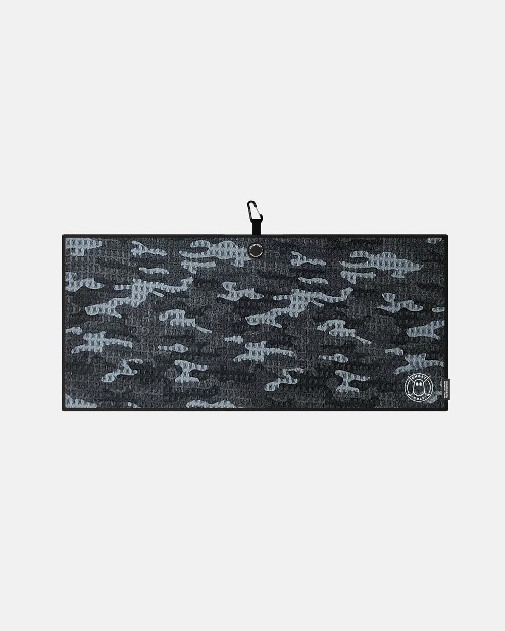 Product shot of Black Camo Ghost Golf Magnetic Caddie Towel with emblem logo on right bottom corner and carabiner clip at the top #color_black-camo