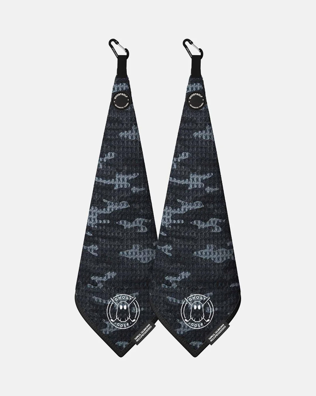 Product shot of 2 Pack Black Camo Ghost Golf Magnetic Greenside Towel with emblem logo near the bottom and carabiner clip at the top #color_black-camo