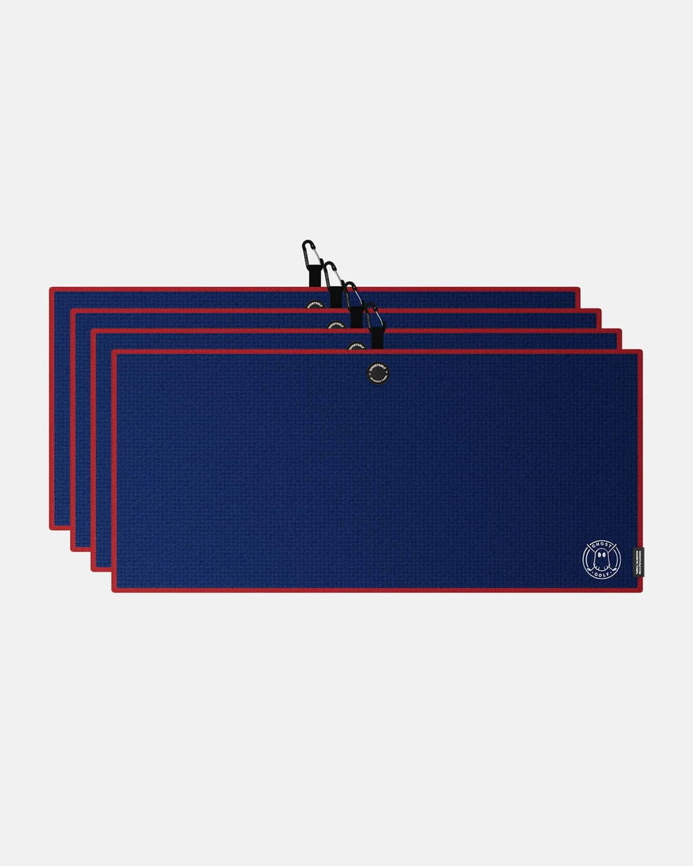 Product shot of 4 Pack Blue Ghost Golf Magnetic Caddie Towel with emblem logo on right bottom corner and carabiner clip at the top #color_blue