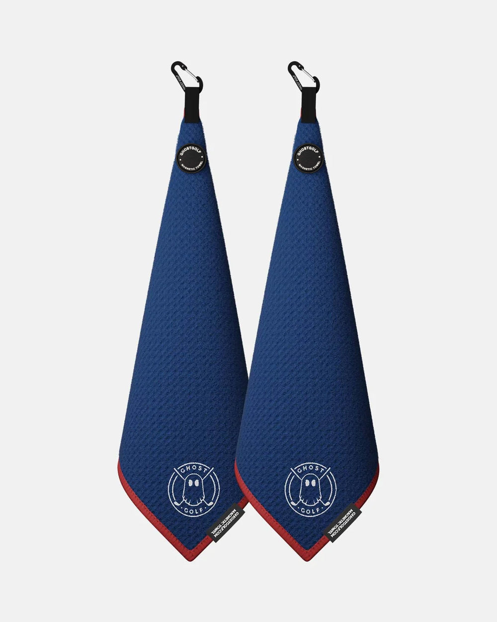 Product shot of 2 Pack Blue Ghost Golf Magnetic Greenside Towel with emblem logo near the bottom and carabiner clip at the top #color_blue