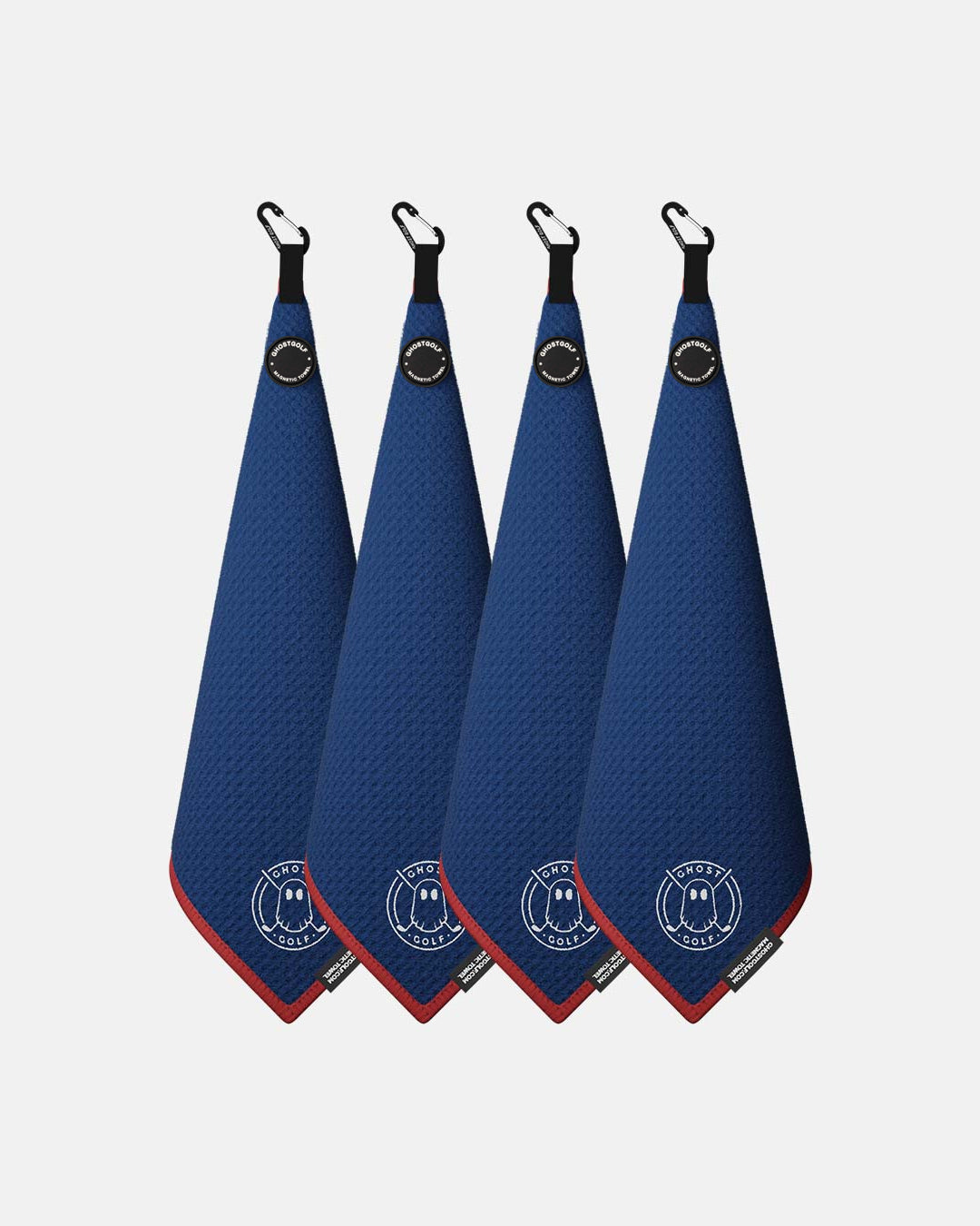 Product shot of 4 Pack Blue Ghost Golf Magnetic Greenside Towel with emblem logo near the bottom and carabiner clip at the top #color_blue