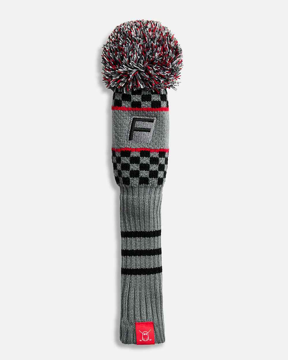 Front product shot of the Grey Checkered Fairway Knit Head cover in grey, featuring a checkered knit pattern and an embroidered letter "F" at the top. #size_fairway