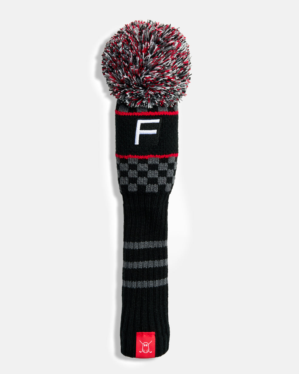 Front product shot of the Black Checkered Fairway Knit Head cover in black, featuring a checkered knit pattern and an embroidered letter "F" at the top. #size_fairway