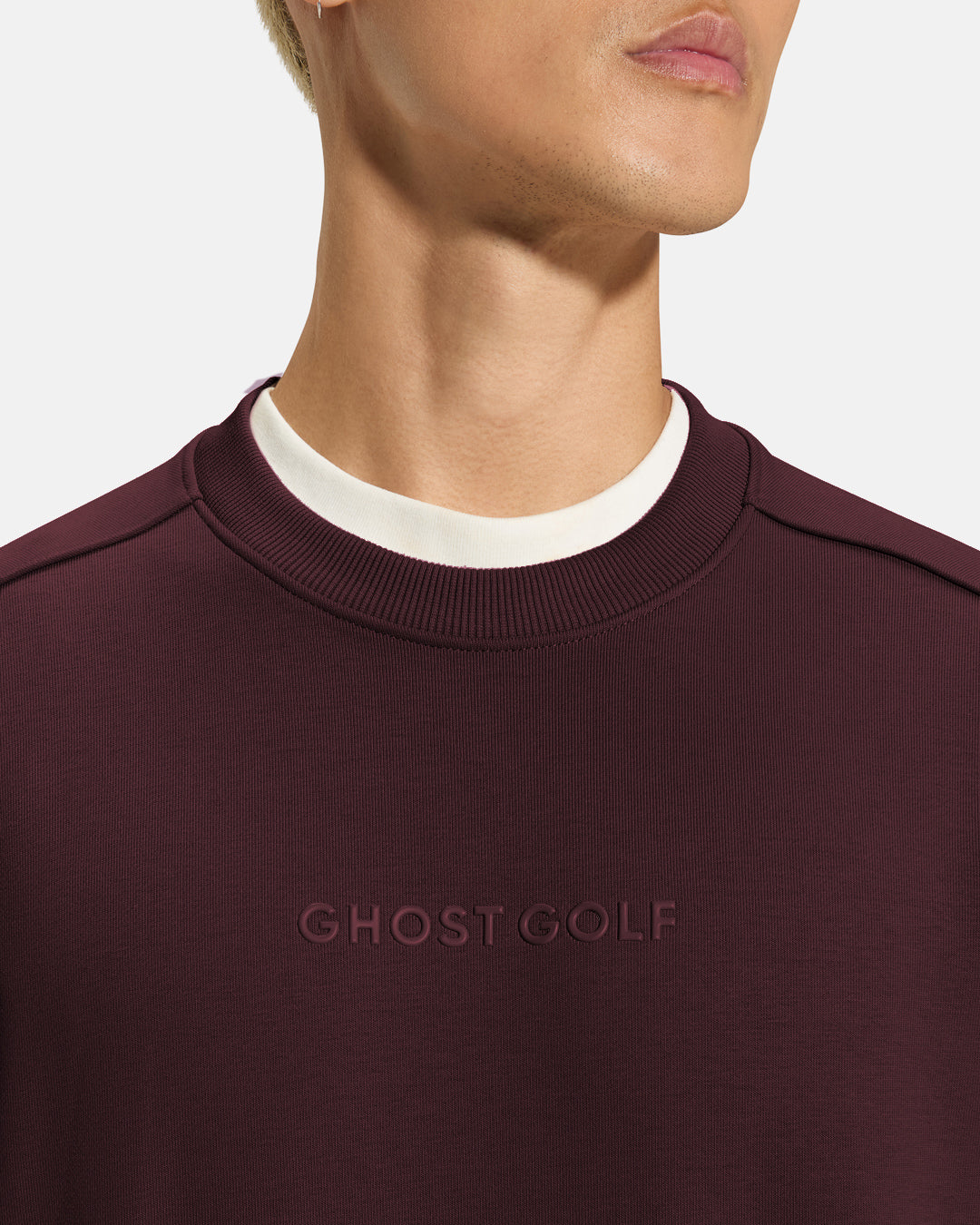 Clubhouse-Crewneck-Full_Body-Burgundy_Closeup Front_Male Model_ #color_burgundy