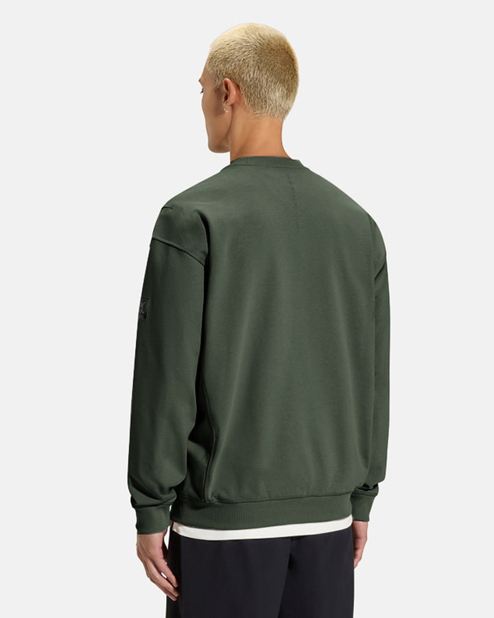 Clubhouse_Crewneck_Full_Body_Olive_Closeup_Back_Male Model #color_olive