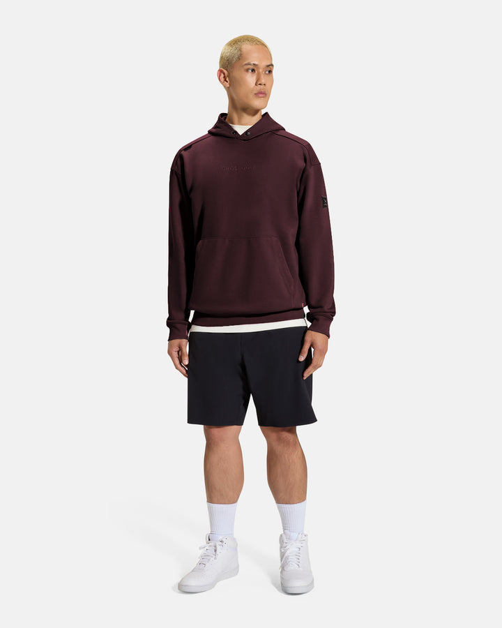 Clubhouse Hoodie_Full Body_Burgundy_Male Model #color_burgundy