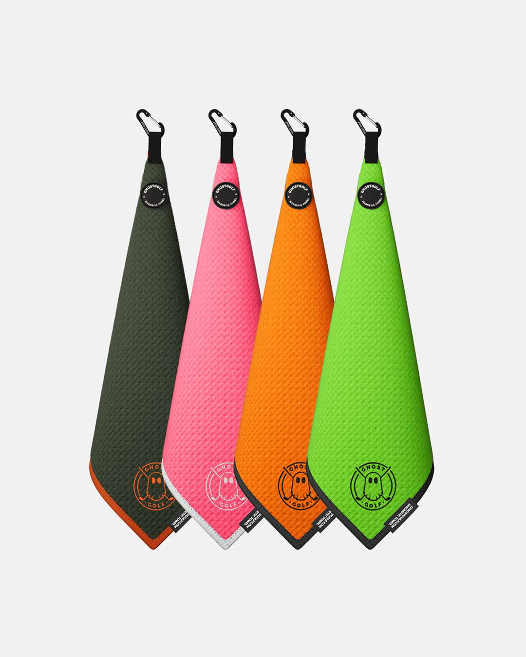Product shot of 4 Pack Country Club Ghost Golf Magnetic Greenside Towel with emblem logo near the bottom and carabiner clip at the top in rifle green hot pink orange and neon green