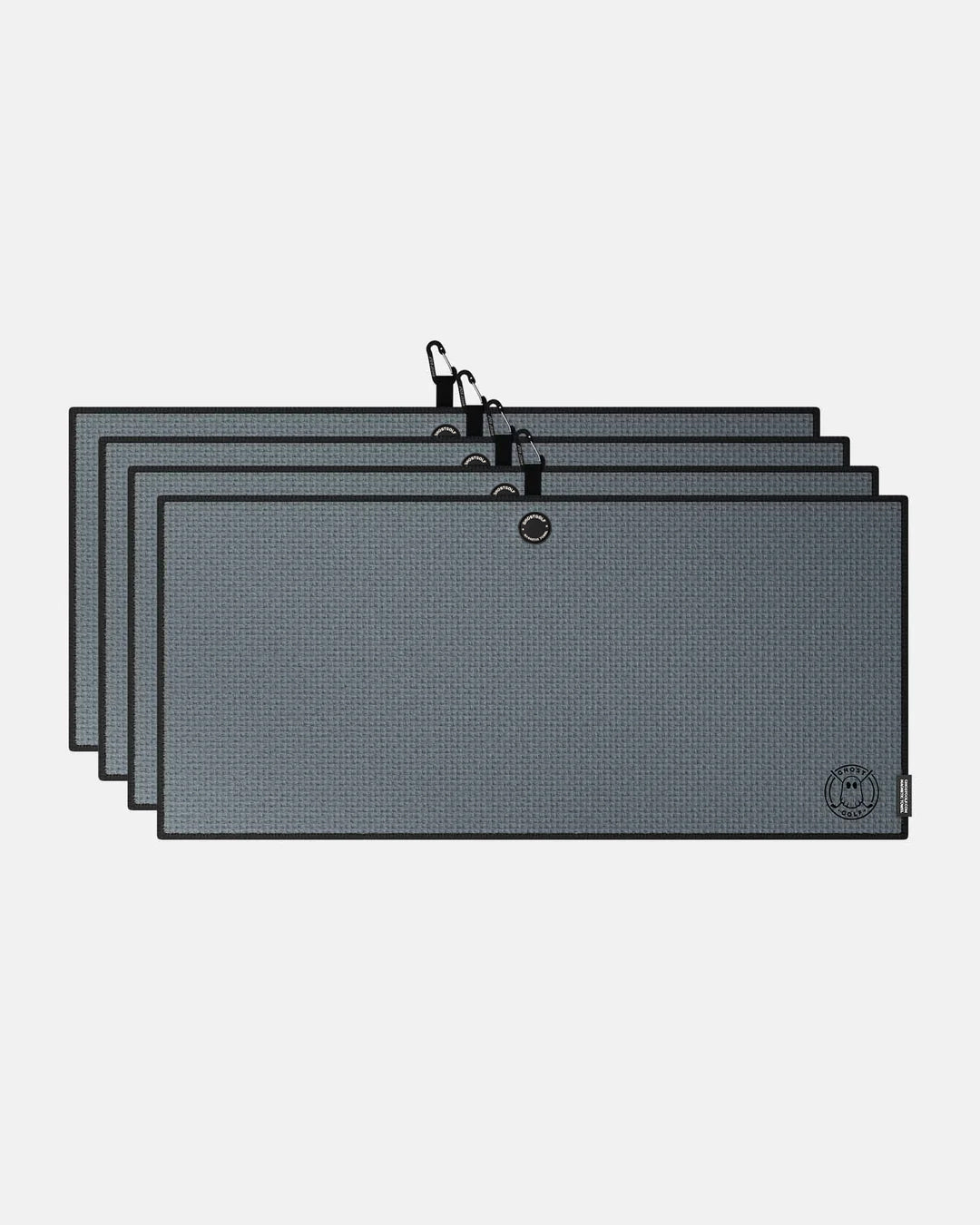 Product shot of 4 Pack Dark Grey Ghost Golf Magnetic Caddie Towel with emblem logo on right bottom corner and carabiner clip at the top #color_dark-grey