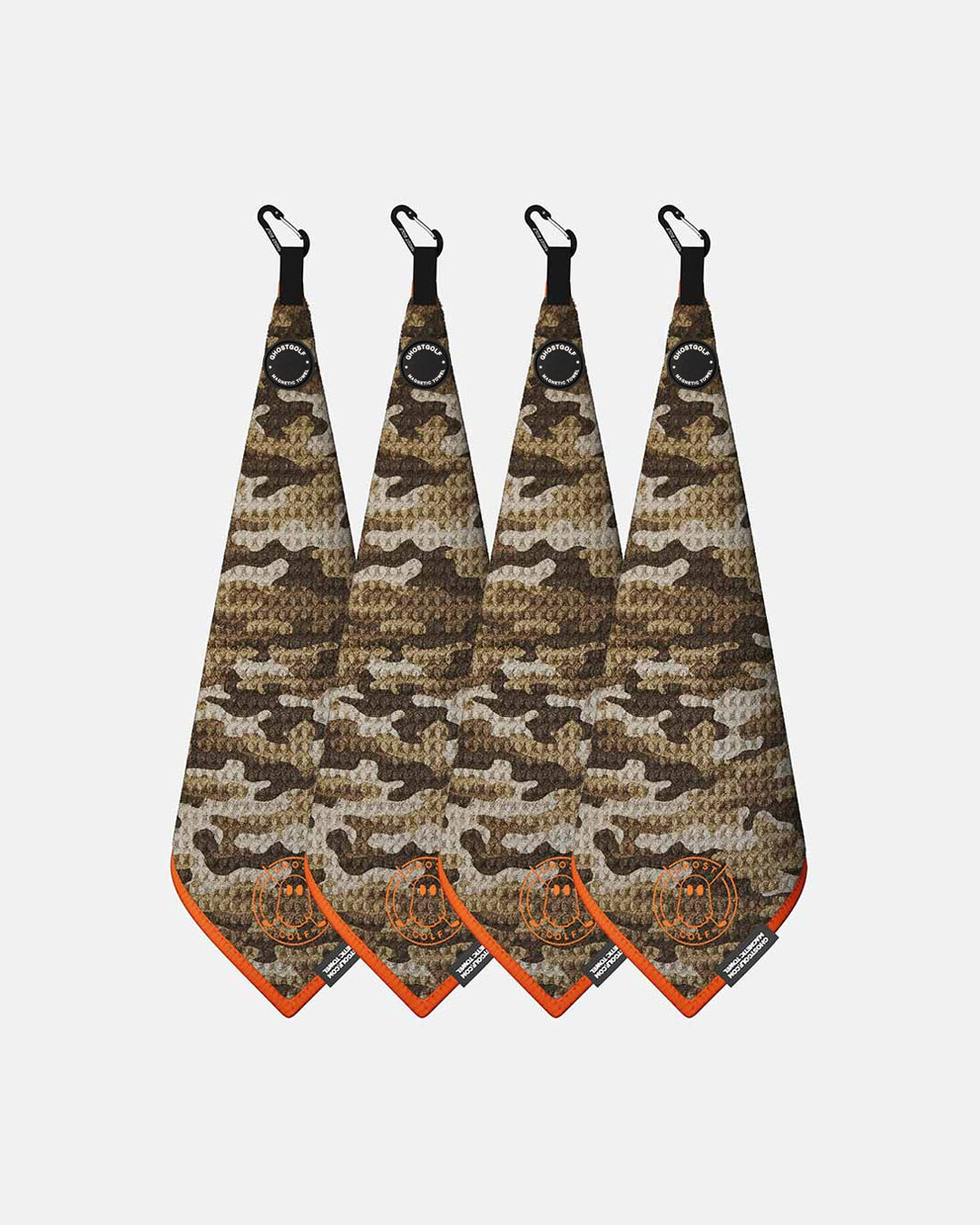 Product shot of 4 Pack Desert Camo Ghost Golf Magnetic Greenside Towel with emblem logo near the bottom and carabiner clip at the top #color_desert-camo
