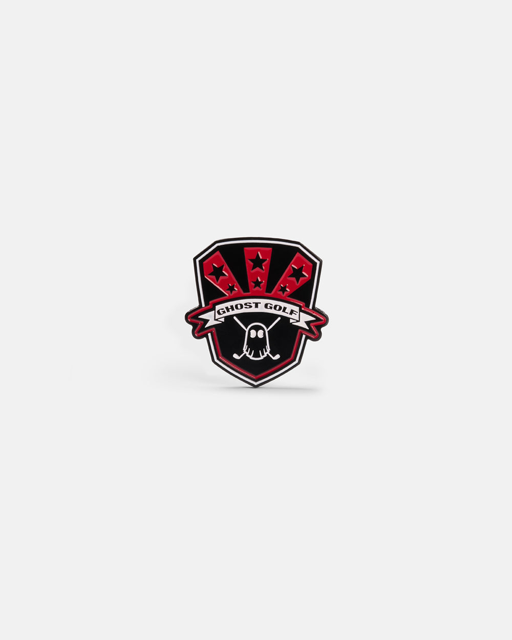 Product photo of black shield-shaped marker with red accents displaying the Ghost Golf name and logo.