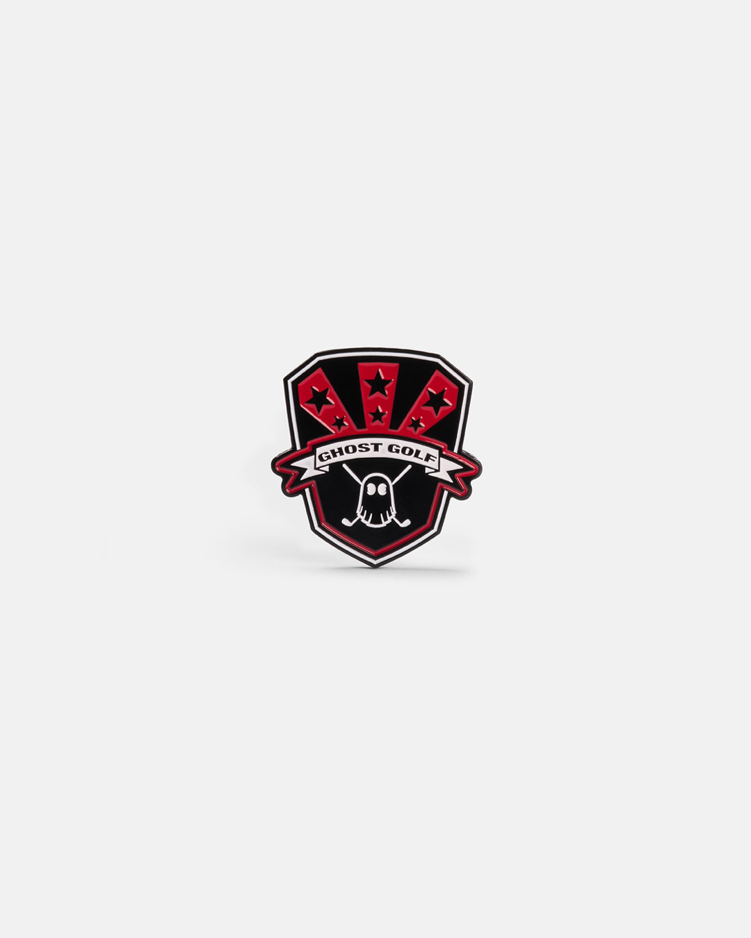 Product photo of black shield-shaped marker with red accents displaying the Ghost Golf name and logo.