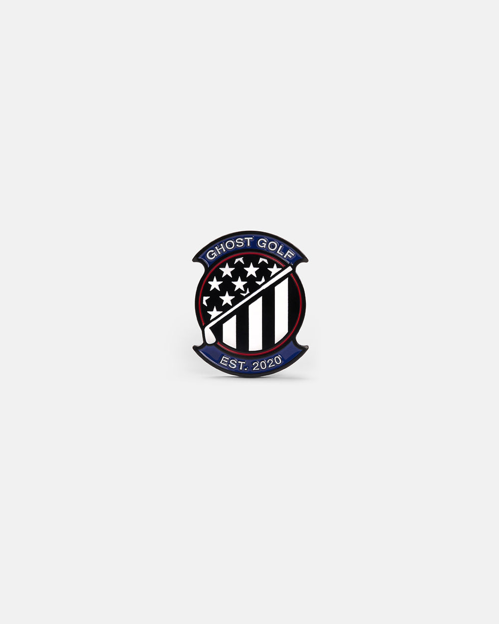 Product photo of a circular ball marker featuring a patriotic Ghost Golf emblem with stars and stripes, a golf club crossing diagonally through the center, the Ghost Golf name at the top, and “EST. 2020” at the bottom.