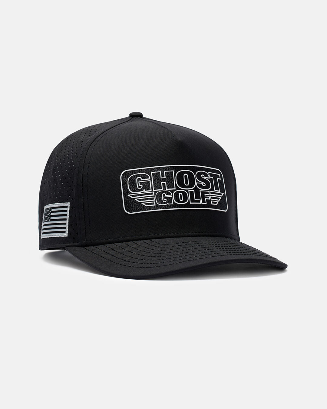 Side View Product Photo of Black Flight Hat With Ghost Golf Patch in Center and USA Flag on Side #color_black