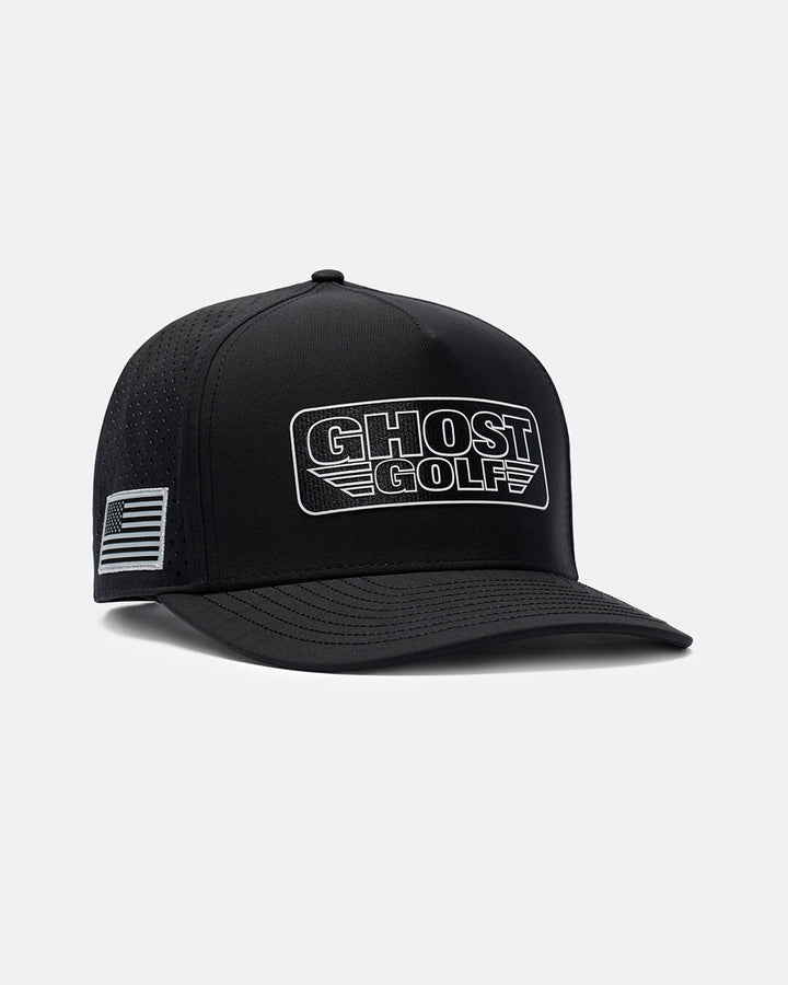 Side View Product Photo of Black Flight Hat With Ghost Golf Patch in Center and USA Flag on Side #color_black