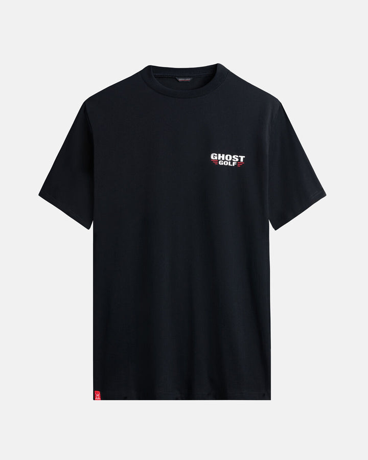 Black t-shirt with Ghost Golf logo on the chest against a white background