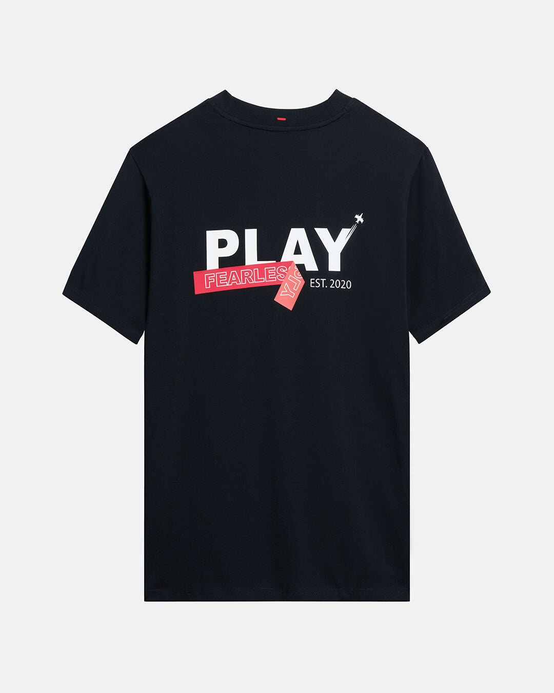 Black t-shirt with 'PLAY FEARLESS EST. 2020' text on a white background