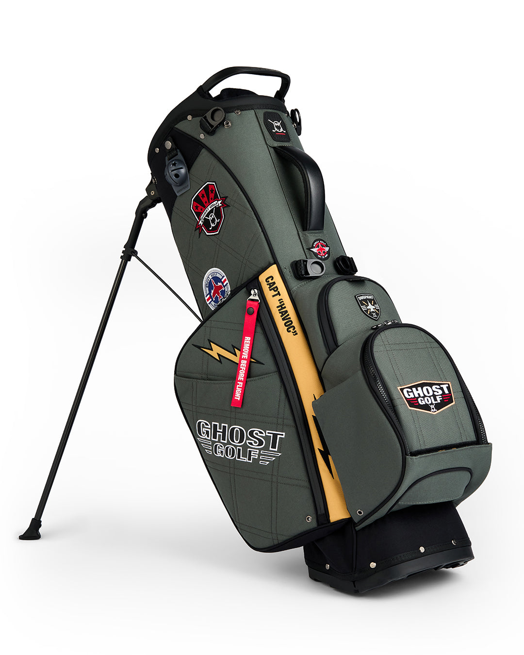 Front product shot of the G-Suit Anyday Bag standing on its integrated leg stand, featuring Ghost Golf branding. Clean product image highlighting the bag’s premium construction, functional stand design, patriotic detailing, and signature Ghost Golf styling.
