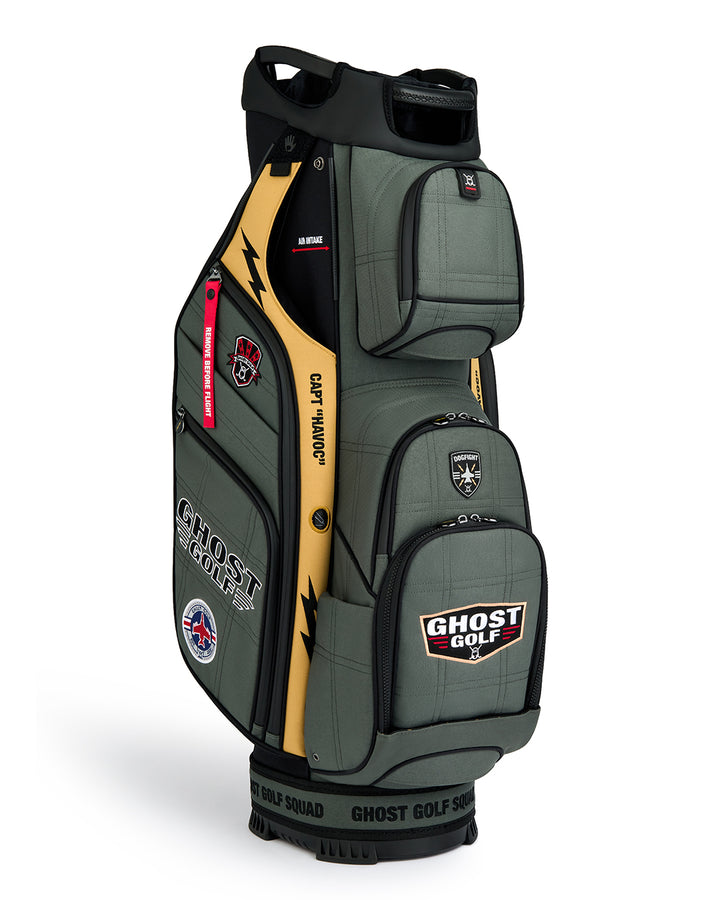 Left Three Quarter View product shot of the G-Suit GT-14 Cart Bag showcasing embroidered Ghost Golf branding on the front. Clean front-facing image highlighting the premium construction, refined detailing, ample storage features, and signature Ghost Golf craftsmanship.
