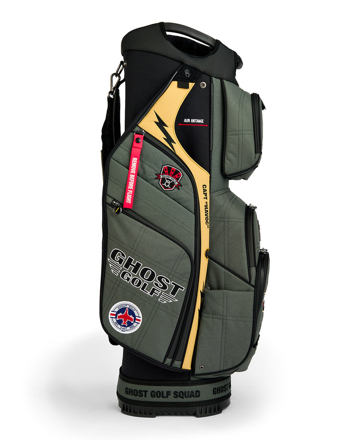 Left Side Product Shot of the G-Suit GT-14 Cart Bag showcasing embroidered Ghost Golf branding on the front. Clean image highlighting the premium construction, refined detailing, ample storage features, and signature Ghost Golf craftsmanship.