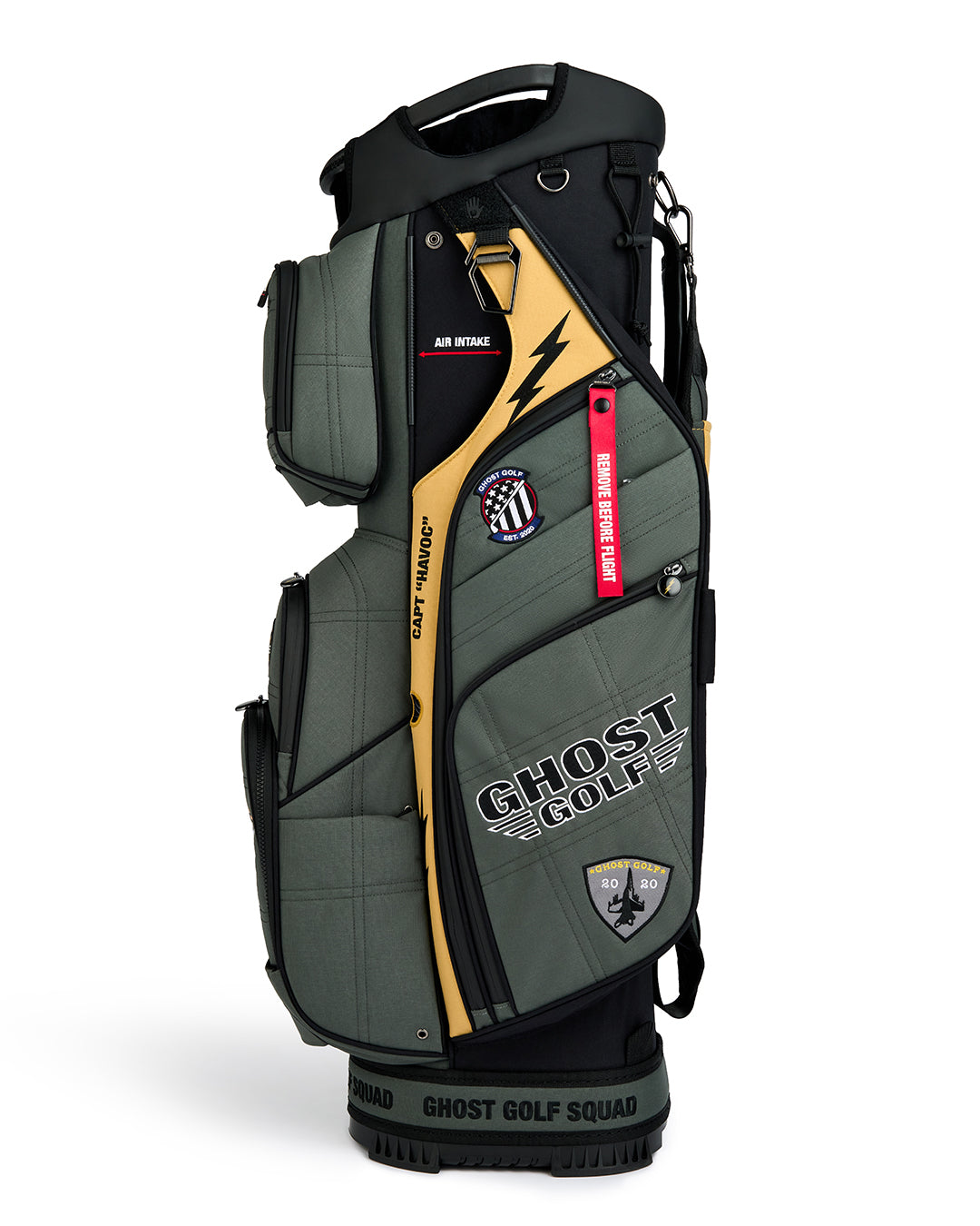 Right Side Product Shot of the G-Suit GT-14 Cart Bag showcasing embroidered Ghost Golf branding on the front. Clean image highlighting the premium construction, refined detailing, ample storage features, and signature Ghost Golf craftsmanship.