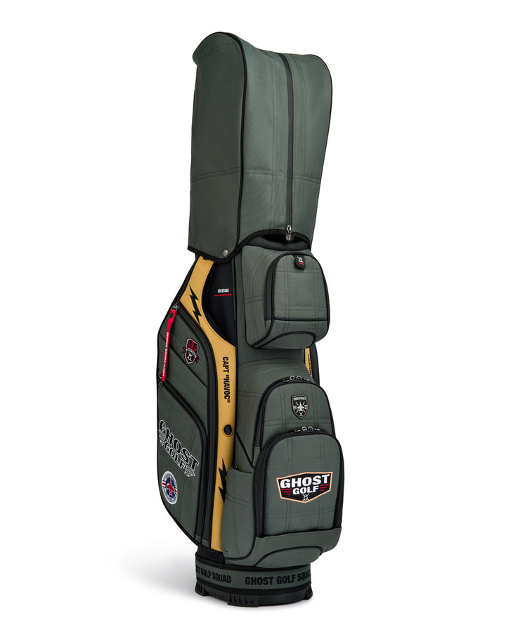 Three Quarter View of G-Suit Gt-14 Cart Bag with Rain Hood Attached