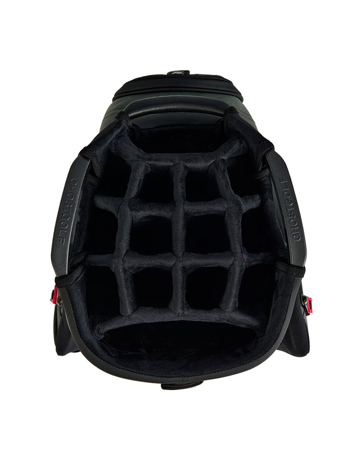 Top view of the G-Suit GT-14 Cart Bag showcasing premium velvet-lined club dividers. Overhead product image highlighting the organized divider layout, protective interior construction, and spacious club organization system designed to safeguard golf clubs during transport and play.